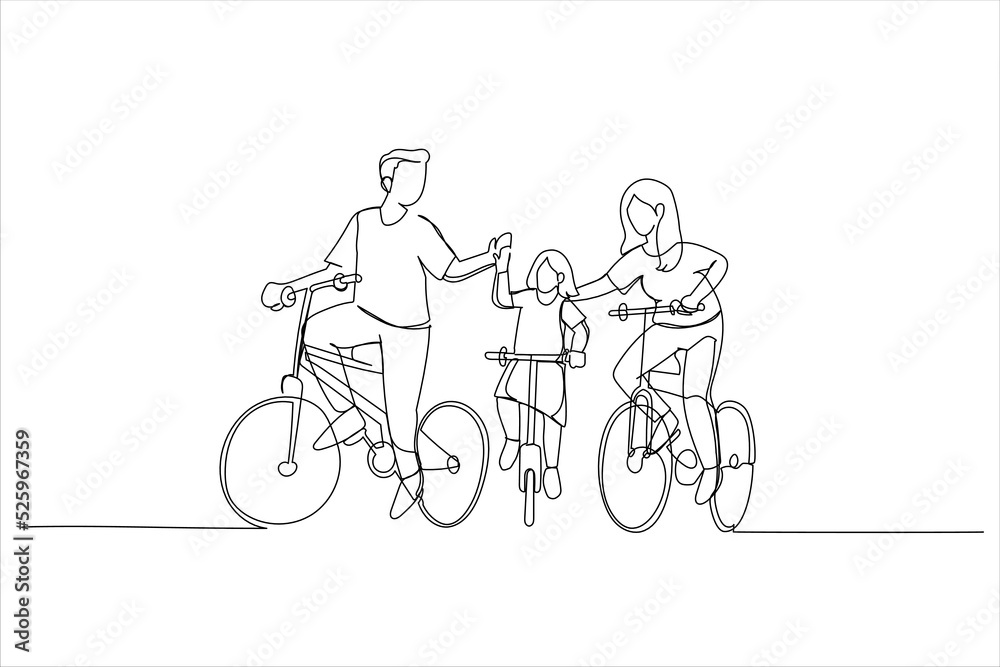 Obraz premium Illustration of traveling with family holiday together. Ecotourism by bicycle. One line art style