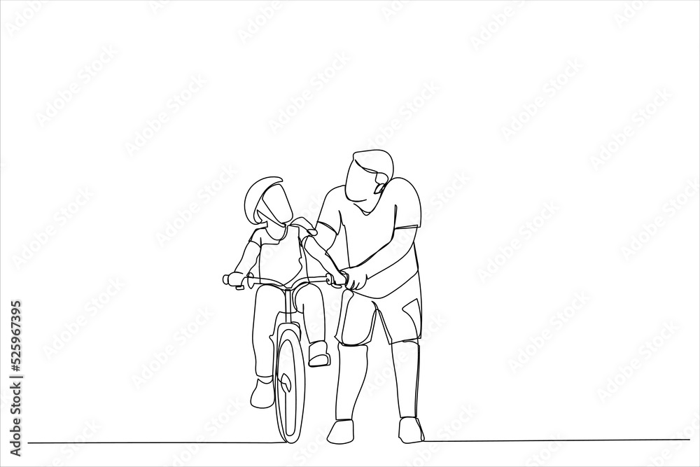 Illustration of happy family father teaches child daughter to ride a bike in the park. One line art style Illustration of happy family father teaches child daughter to ride a bike in the park. One line art style
