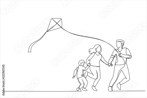 Illustration of father, mother and kid flying a kite outdoor. One line art style