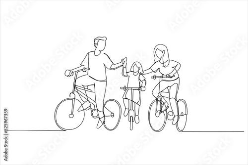 Illustration of traveling with family holiday together. Ecotourism by bicycle. One line art style