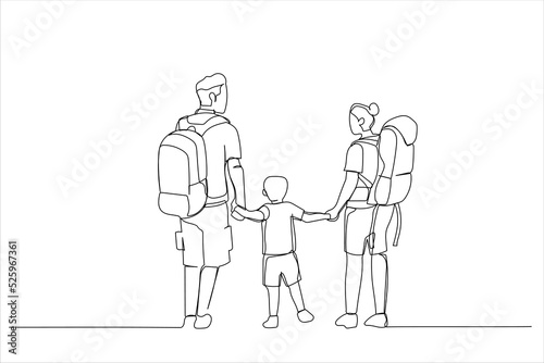 Cartoon of family with children hiking outdoors in summer. Single continuous line art style