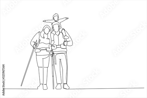 Drawing of parents standing on the peak of a mountain with their son. Single line art style