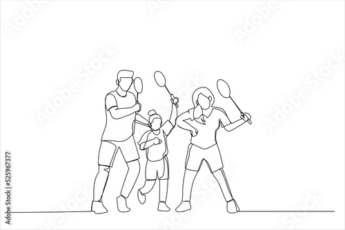 Drawing of family with badminton rackets and shuttlecock. Single continuous line art