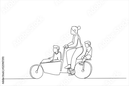 Drawing of mother with two children riding bicycles. Single line art style
