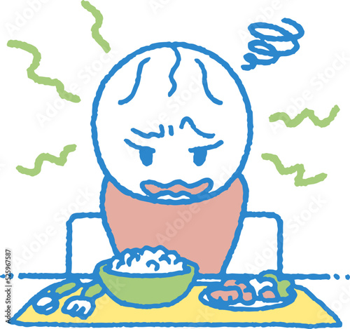 食事を見て嫌そうな顔をする反抗期の子供のイラスト