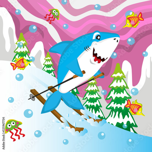 cute shark illustration skiing in the mountains, eps, vector, editable