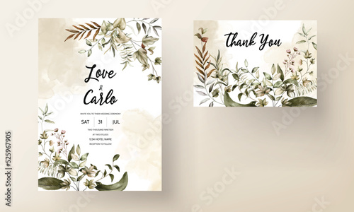 wedding invitation card with pretty watercolor leaves © mariadeta