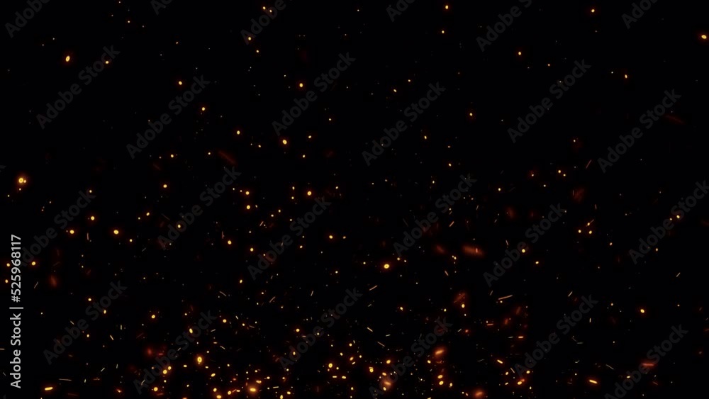 Fire particles sparks rising up on black background with transparent alpha channel can be used for overlay for your project. 4K 3D animation of fiery orange glowing flying ember burning ash particles.