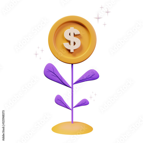 Plant money coin tree growth illustration for Investment Concept. income salary rate increase with dollar symbol. Business profit performance of return on investment ROI. 3d render illustration