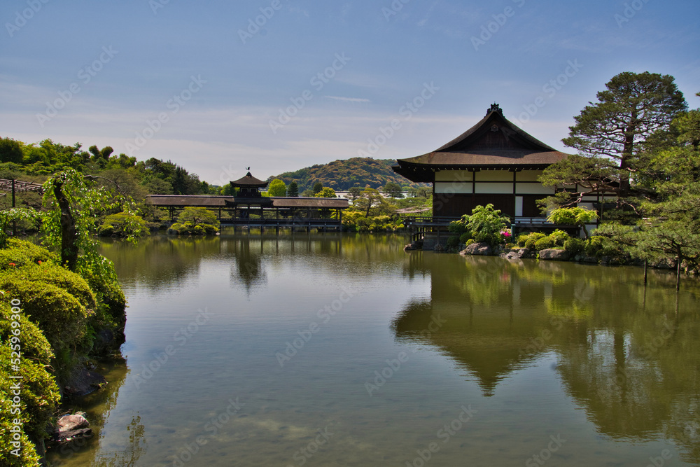 The garden pond beside the shrine building inside the Heian-Jingu shrine.  Kyoto Japan
