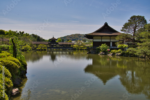 The garden pond beside the shrine building inside the Heian-Jingu shrine. Kyoto Japan 