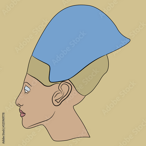 Profile head of king Akhenaten or queen Nefertiti wearing blue tiara. Ancient Egyptian pharaoh.