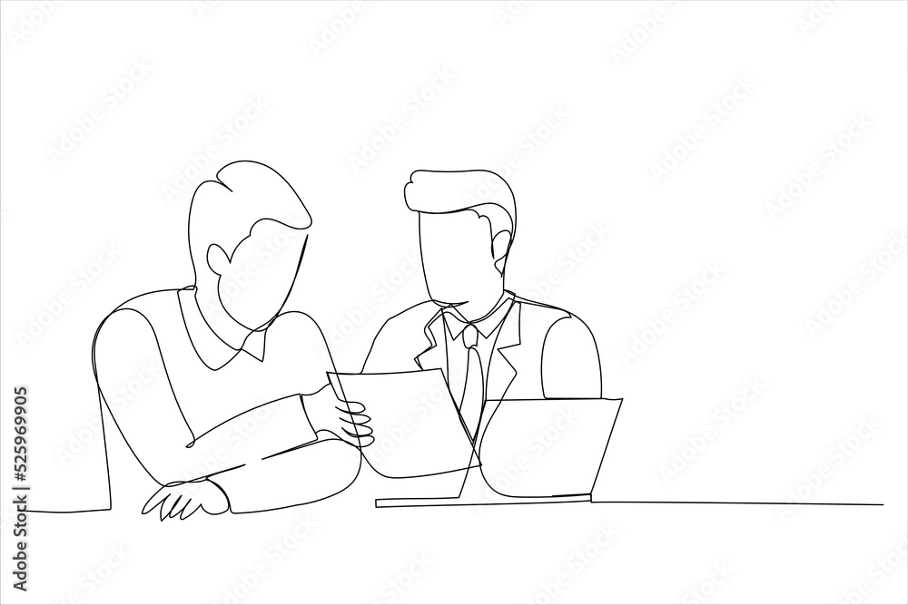 Cartoon of serious supervisor analyse financial report of responsible worker. Continuous line art style