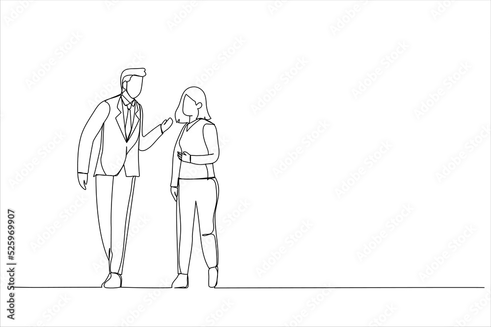 Illustration of two asian business people on their way to meeting talking while walking in office. One continuous line art style