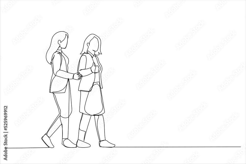 Illustration of two women commuting to the office in the day carrying office bags. One line art style