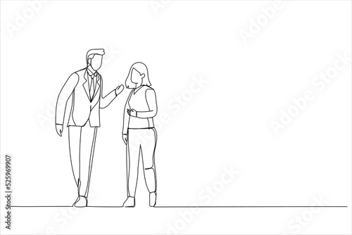 Illustration of two asian business people on their way to meeting talking while walking in office. One continuous line art style