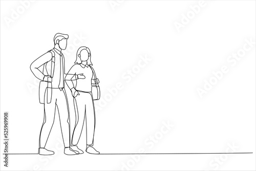 Drawing of positive young business people walking and discussing business and new ideas. Single line art style