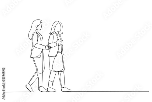 Illustration of two women commuting to the office in the day carrying office bags. One line art style