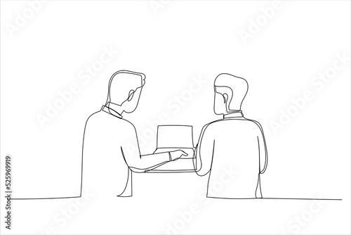 Illustration of two men discussing company growth. Rear view. One line art style