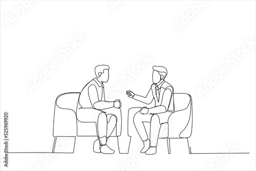 Drawing of businessmen discussing deal  sharing startup ideas  business partners negotiations or job interview. Single line art style