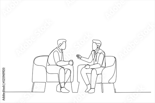 Drawing of businessmen discussing deal, sharing startup ideas, business partners negotiations or job interview. Single line art style