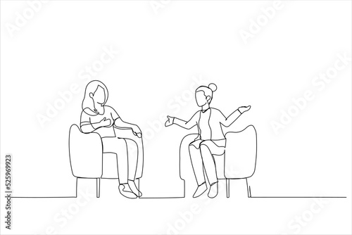 Cartoon of two friends chatting in office. Continuous line art