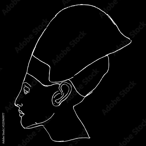 Profile head of king Akhenaten or queen Nefertiti wearing blue tiara. Ancient Egyptian pharaoh. Hand drawn sketch. White linear silhouette on black background.