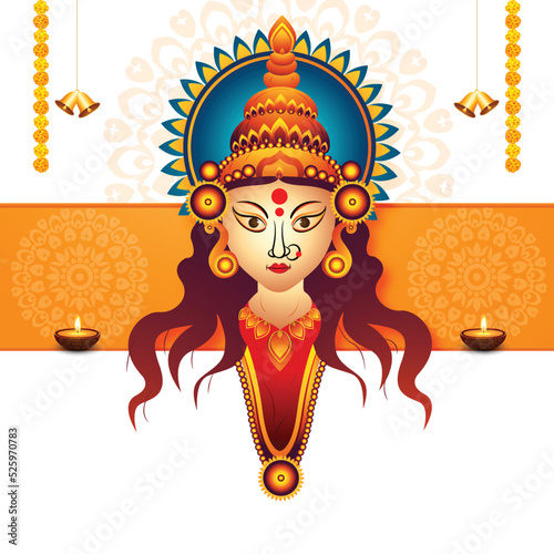 Goddess durga face in happy durga puja subh navratri card background
