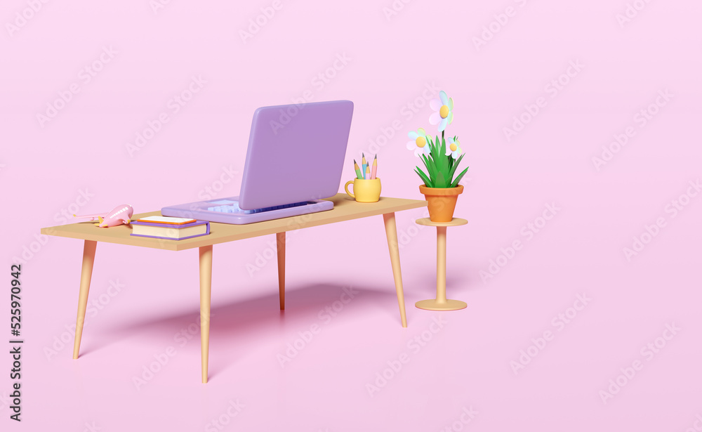Fototapeta premium 3d laptop computer on table with desk in office, coffee cup, plane, textbook, book, flower pot isolated on pink background. 3d render illustration, clipping path