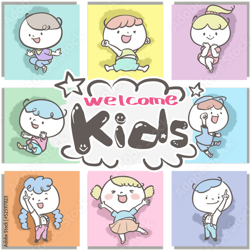 元気な８人のこどもたち　カラフルなタイル背景と手描きのkids文字でwelcome