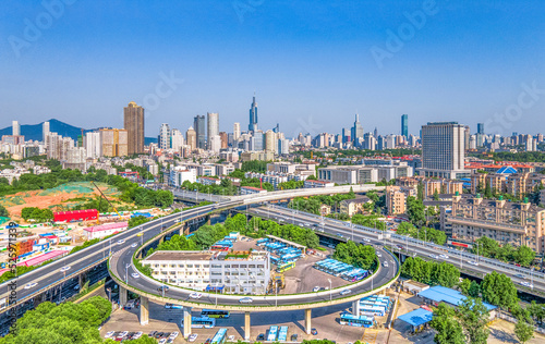 Aerial photography of the central building complex, Gupinggang Overpass and Zifeng Building in Nanjing City, Jiangsu Province, China