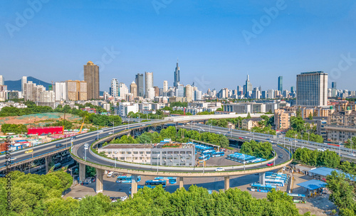 Aerial photography of the central building complex, Gupinggang Overpass and Zifeng Building in Nanjing City, Jiangsu Province, China