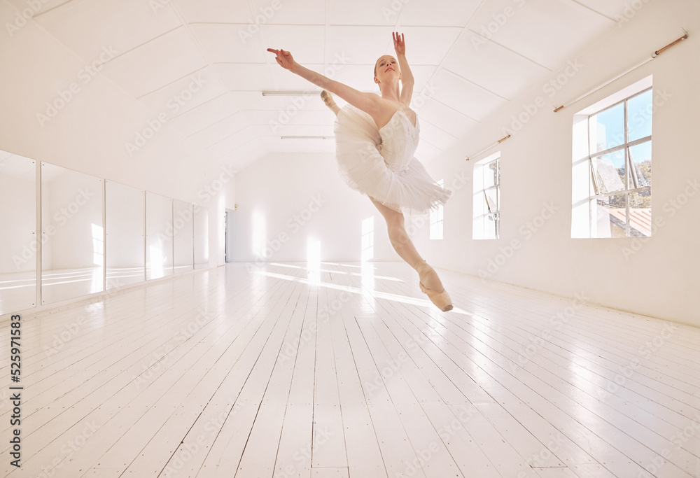 Fototapeta premium Ballet dance, jump and studio dancer dancing beautiful, elegant or classic performance in theater room. Stage artist, professional theatre ballerina and creative woman with energy moving with beauty