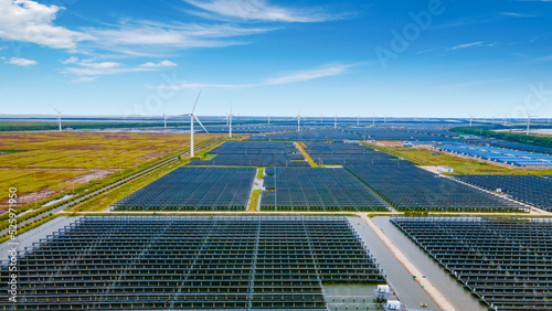 Aerial photography of an industrial park combining wind power generation, photovoltaic power generation and fish farming in Dongtai City, Yancheng City, Jiangsu Province, China