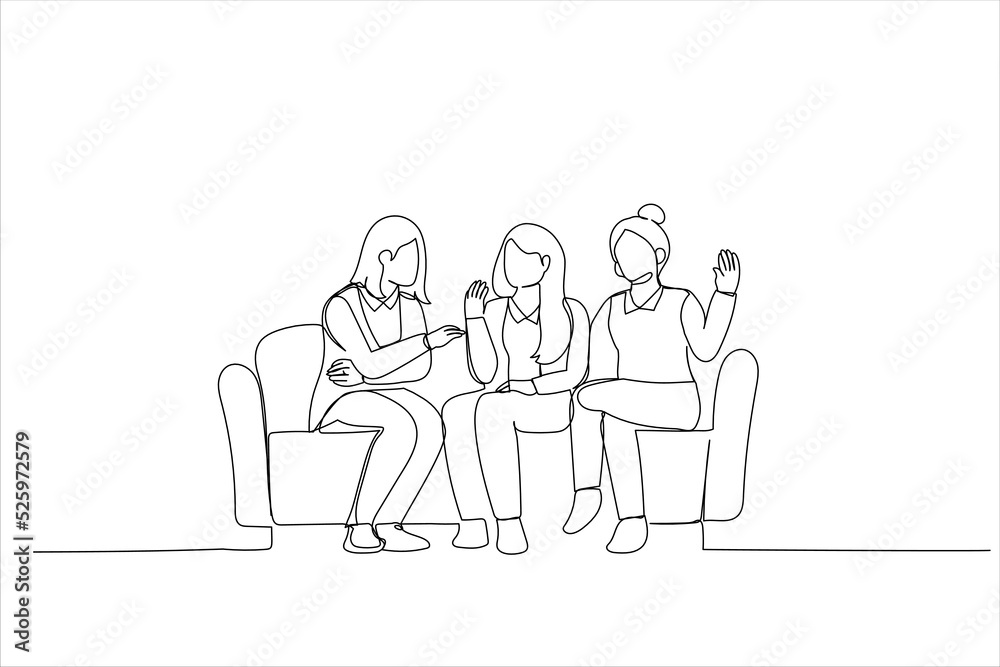 Drawing of girls friends laughing sit on sofa in cozy warm room chatting take break. Single line art style