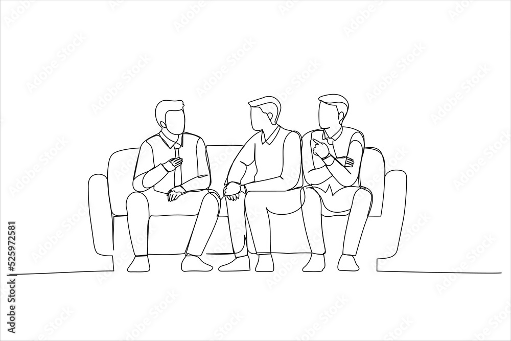 Cartoon of friends are talking at the green sofa in living room. Single continuous line art style Cartoon of friends are talking at the green sofa in living room. Single continuous line art style