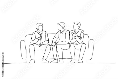 Cartoon of friends are talking at the green sofa in living room. Single continuous line art style