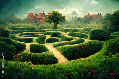England Maze Garden. Labyrinth Garden. Fantasy Backdrop. Concept Art. Realistic Illustration. Video Game Background. Digital Painting. CG Artwork. Scenery Artwork. Serious Painting. Book Illustration.