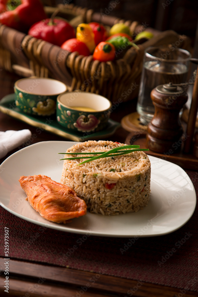 Chaufa chinese fried rice with fried fish Buffet table Peruvian comfort restaurant gourmet food