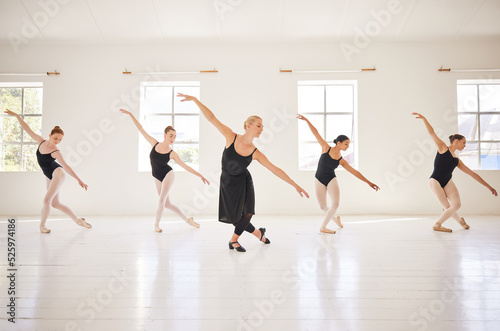 Ballet, dance students and teacher in class for practice, training and performance in studio. Classic art dancers moving with balance, grace and passion during a lesson at a ballerina dancing school