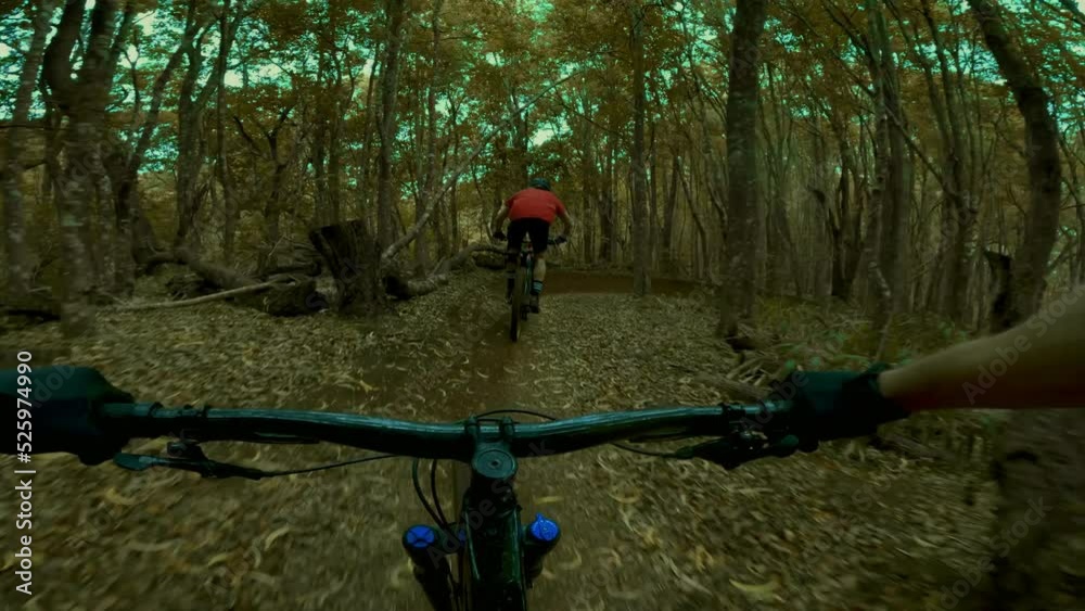 POV Extreme mountain biking down dirt trail