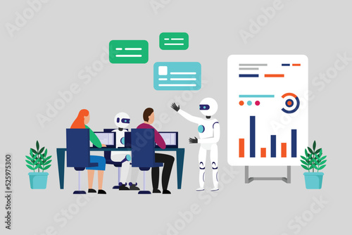 people and robot sitting together at desk during business meeting 2d vector illustration concept for banner, website, illustration, landing page, flyer, etc.