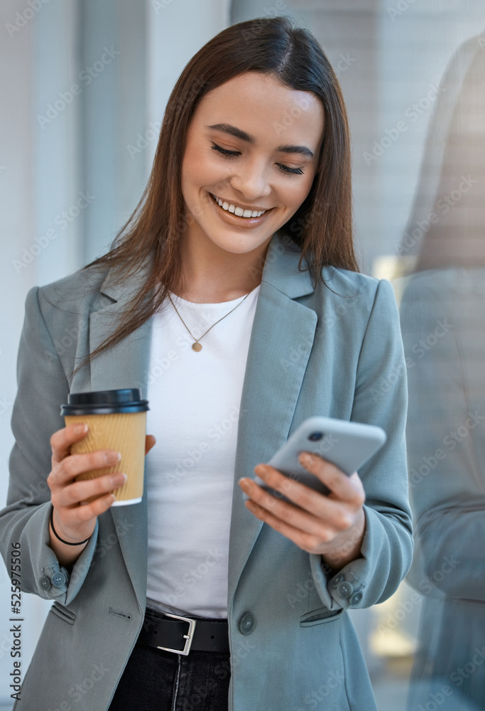 Business woman communication on phone with social media app, web internet technology and coffee cup break in startup company. Happy, smile and content office worker reading funny mobile notification Business woman communication on phone with social media app, web internet technology and coffee cup break in startup company. Happy, smile and content office worker reading funny mobile notification