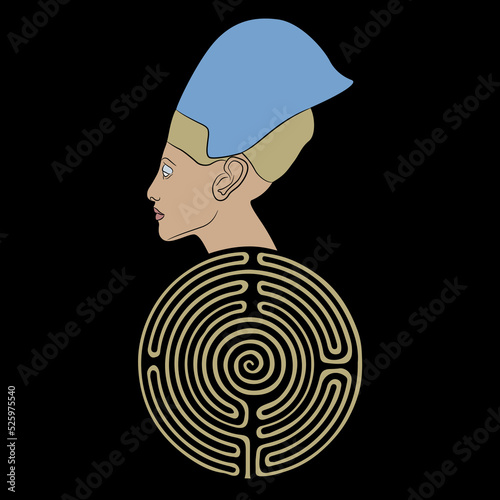 Head of Akhenaten or Nefertiti on top of a round spiral maze or labyrinth symbol. Ancient Egyptian pharaoh. Creative spiritual concept. On black background.