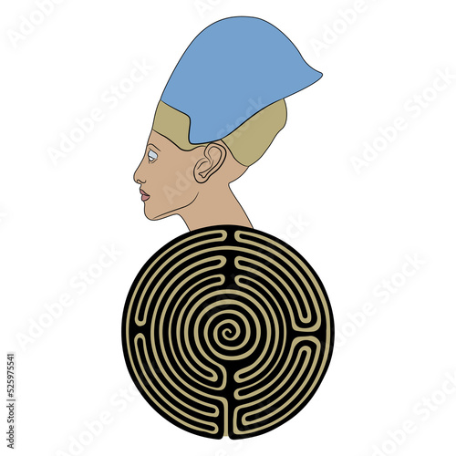 Head of Akhenaten or Nefertiti on top of a round spiral maze or labyrinth symbol. Ancient Egyptian pharaoh. Creative spiritual concept. 