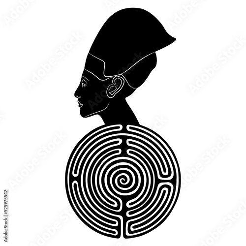 Head of Akhenaten or Nefertiti on top of a round spiral maze or labyrinth symbol. Ancient Egyptian pharaoh. Creative spiritual concept. Black and white silhouette.