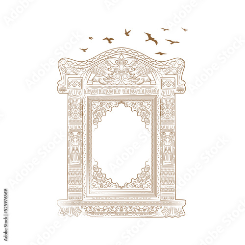 Jharokha vector illustration. Window architecture illustration. Jharokha with Birds illustration. Line art arch illustration. Flying Birds illustration. Rajasthani Jharokha vector.