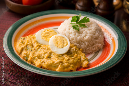 Aji de gallina chicken cream boiled eggs Peruvian comfort restaurant gourmet food