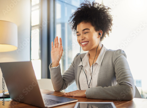 Laptop webinar, workshop training and business meeting on global zoom call in office or conference room. Happy smile woman waving and greeting on video conference tradeshow presentation or interview