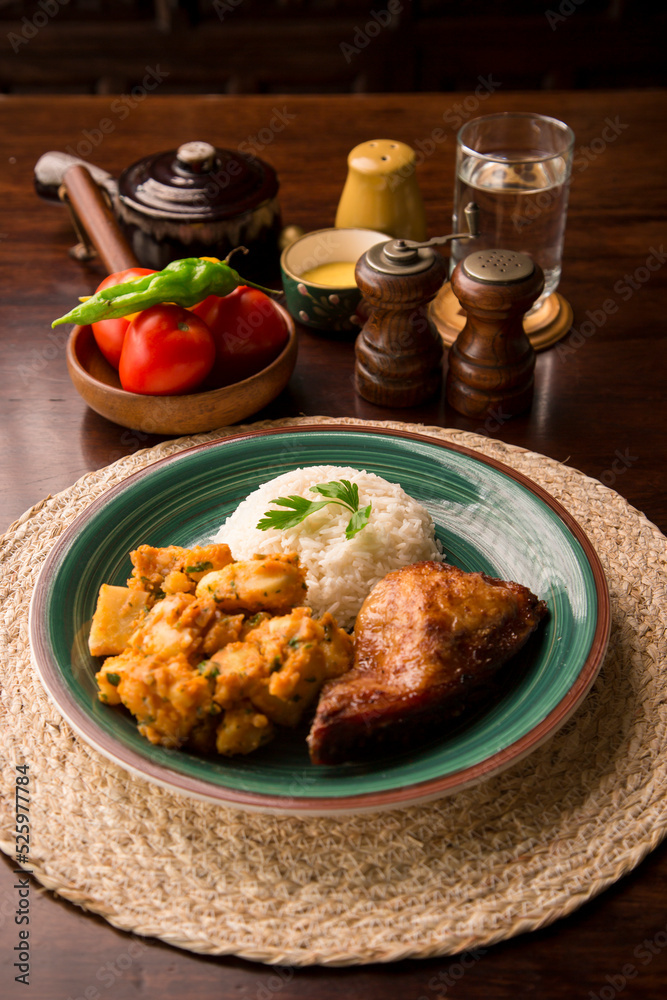 Roasted chicken with potato stew Peruvian comfort restaurant gourmet food Roasted chicken with potato stew Peruvian comfort restaurant gourmet food